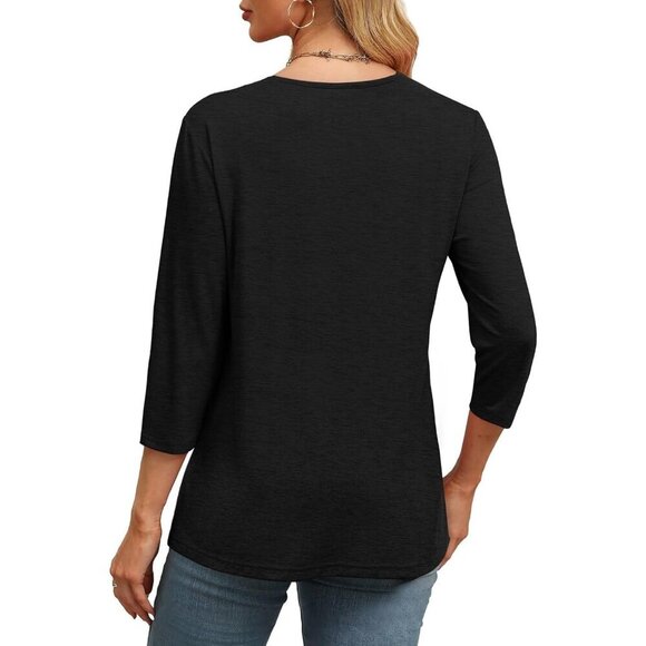 Womens V Neck Casual Tunic Top 3/4 Sleeve Loose Fit Blouse Black X-Large - Picture 4 of 4